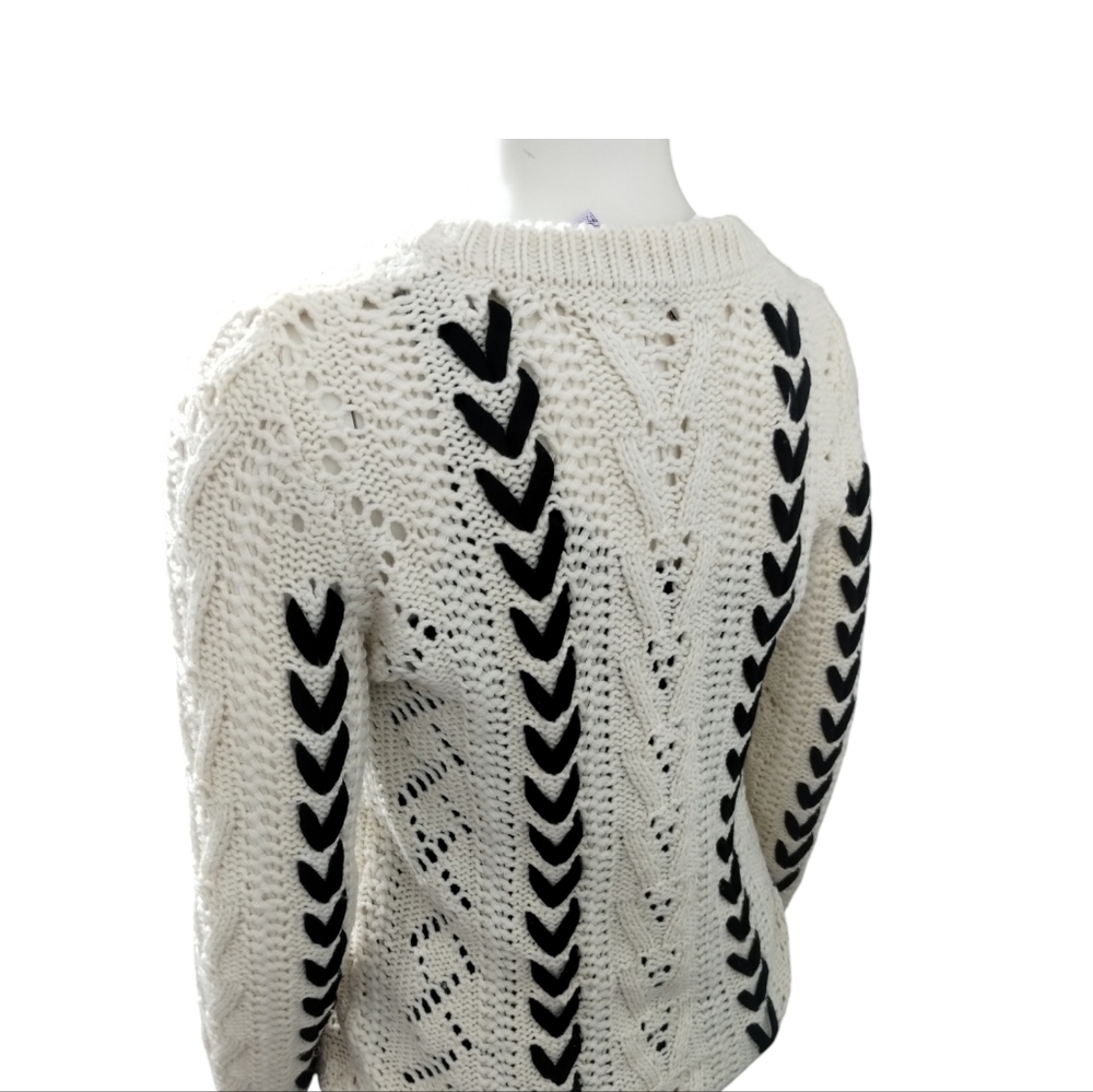 Alya Oversized Chunky Crochet Cable Knit Ivory Crew Sweater Lace Detail Women‎ S - Picture 6 of 7